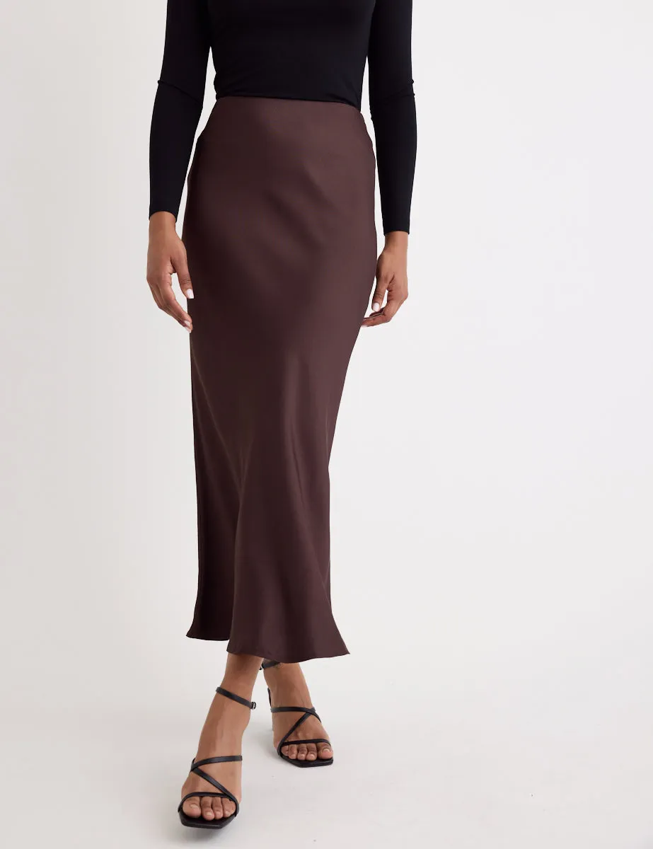 Brown Satin Mila Midi Slip Skirt sold by Nobody's Child