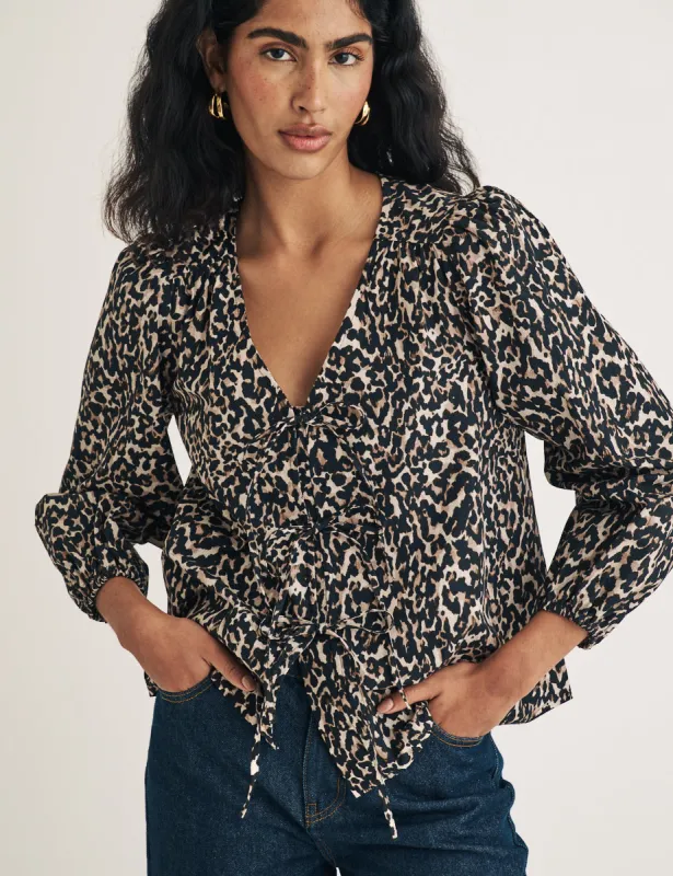 Leopard Print Tie Front Long Sleeve Bernadetta Top sold by Nobody's Child
