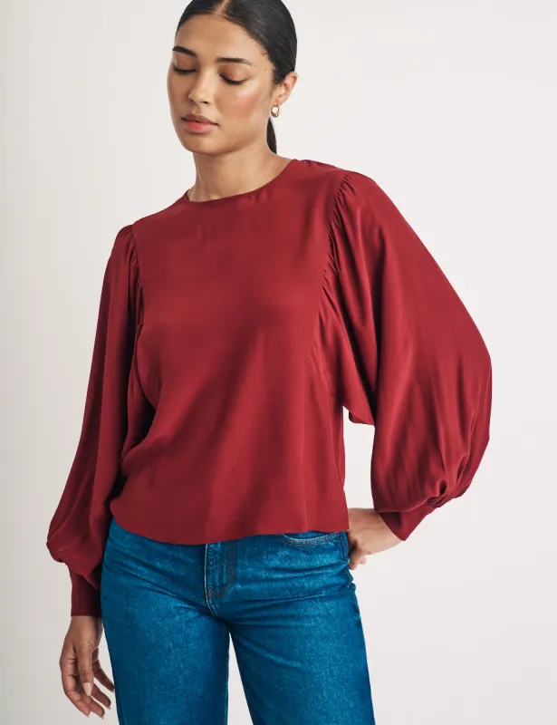 Red Satin Balloon Sleeve Blouse sold by Nobody's Child
