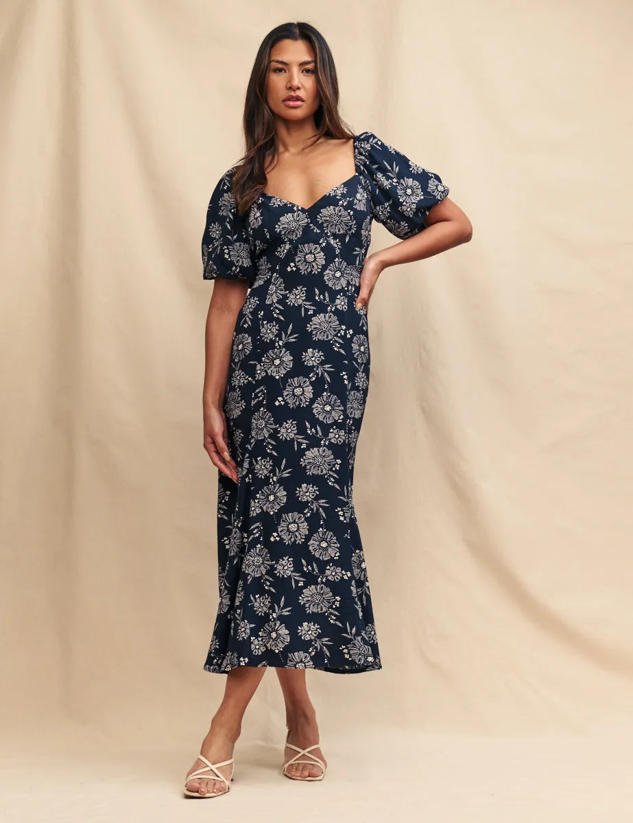 Black Floral Puff Sleeve Callie Midi Dress sold by Nobody's Child