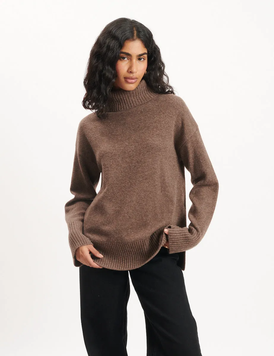 Brown Oversized Roll Neck Wool Knitted Jumper sold by Nobody's Child
