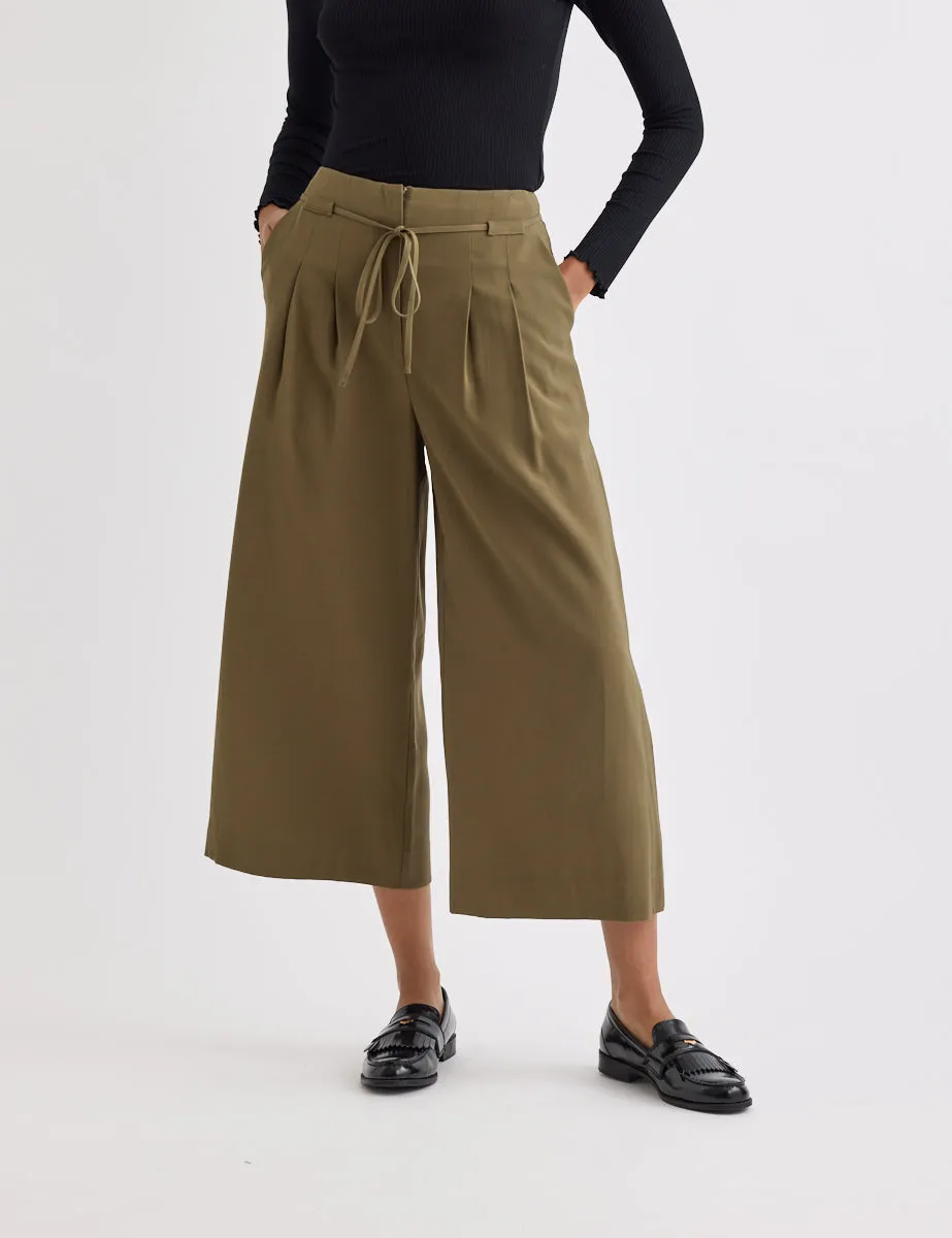 Green Tie Waist Wide Leg Cropped Trousers sold by Nobody's Child
