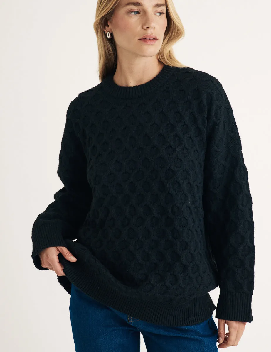 Black Crew Neck Cable Knitted Jumper sold by Nobody's Child
