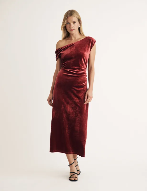 Burgundy Velvet Off Shoulder Skylar Midi Dress sold by Nobody's Child