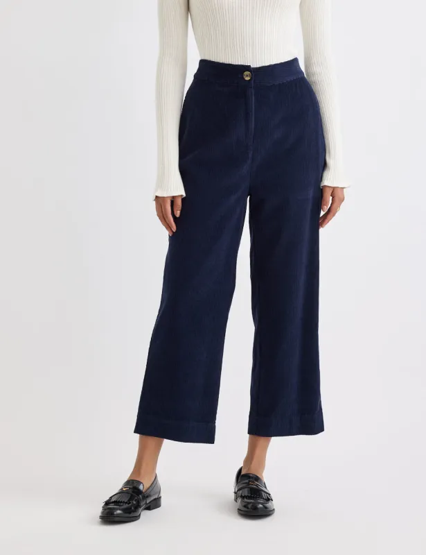 Navy Cord Straight Leg Cropped Trousers sold by Nobody's Child