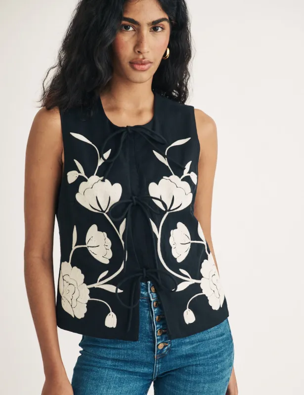 Black Embroidered Tie Front Waistcoat sold by Nobody's Child