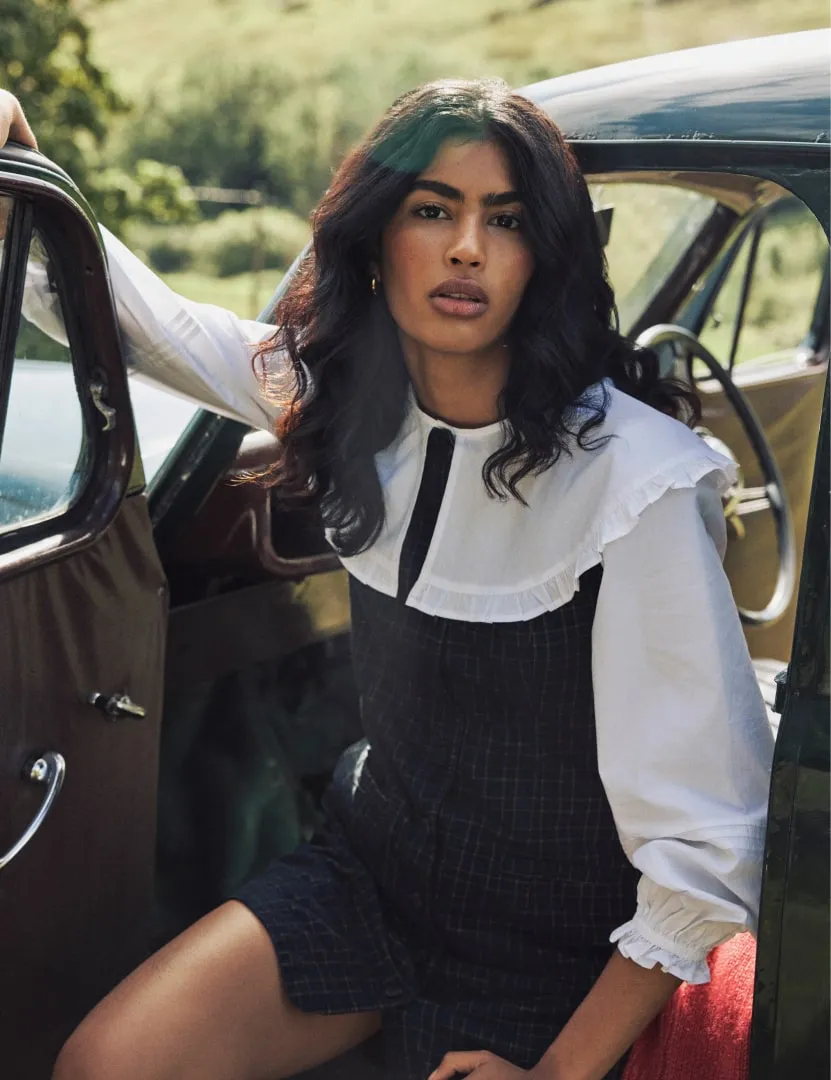 Navy Check Cord Button Down Ned Mini Pinafore Dress sold by Nobody's Child product image thumbnail 2