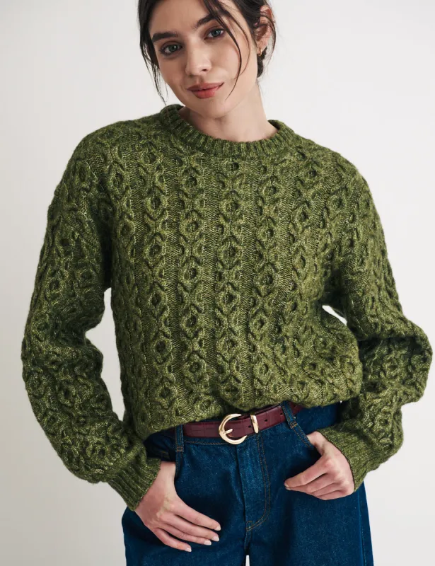 Green Crew Neck Cable Knit Wool Jumper sold by Nobody's Child