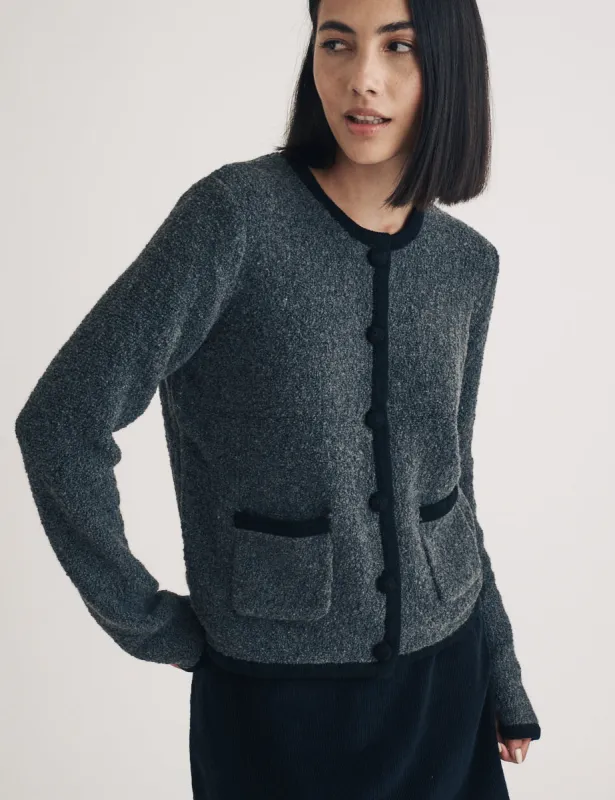 Grey Contrast Trim Boucle Wool Blend Knitted Cardigan sold by Nobody's Child