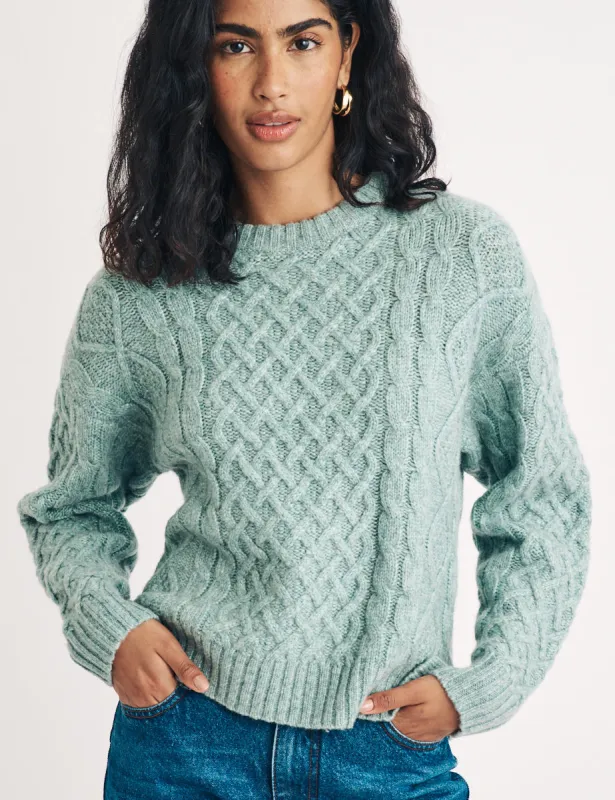 Green Crew Neck Cable Knit Wool Jumper sold by Nobody's Child