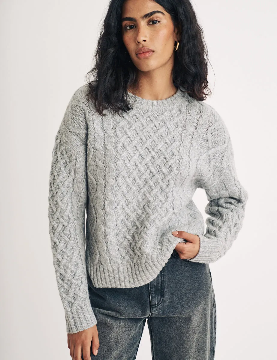 Grey Crew Neck Cable Knit Wool Jumper sold by Nobody's Child