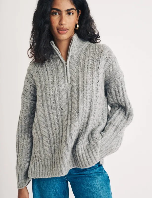 Grey Half Zip Cable Knitted Jumper sold by Nobody's Child