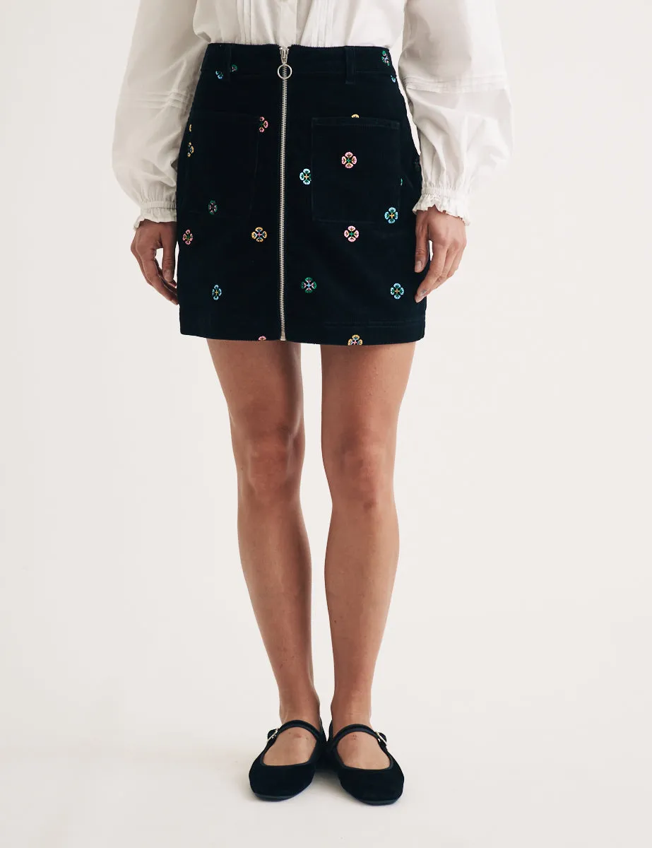 Black Embroidered Cord Zip Through Mini Skirt sold by Nobody's Child
