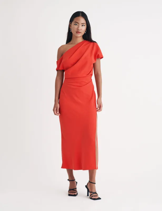 Red Draped Off Shoulder Katty Midi Dress sold by Nobody's Child