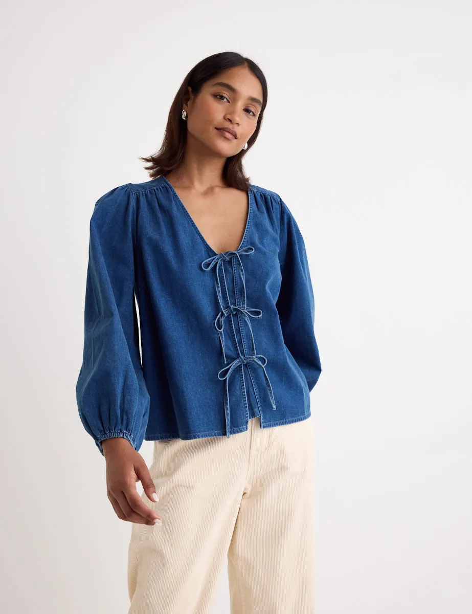 Denim Tie Front Bernadetta Blouse sold by Nobody's Child product image thumbnail 4