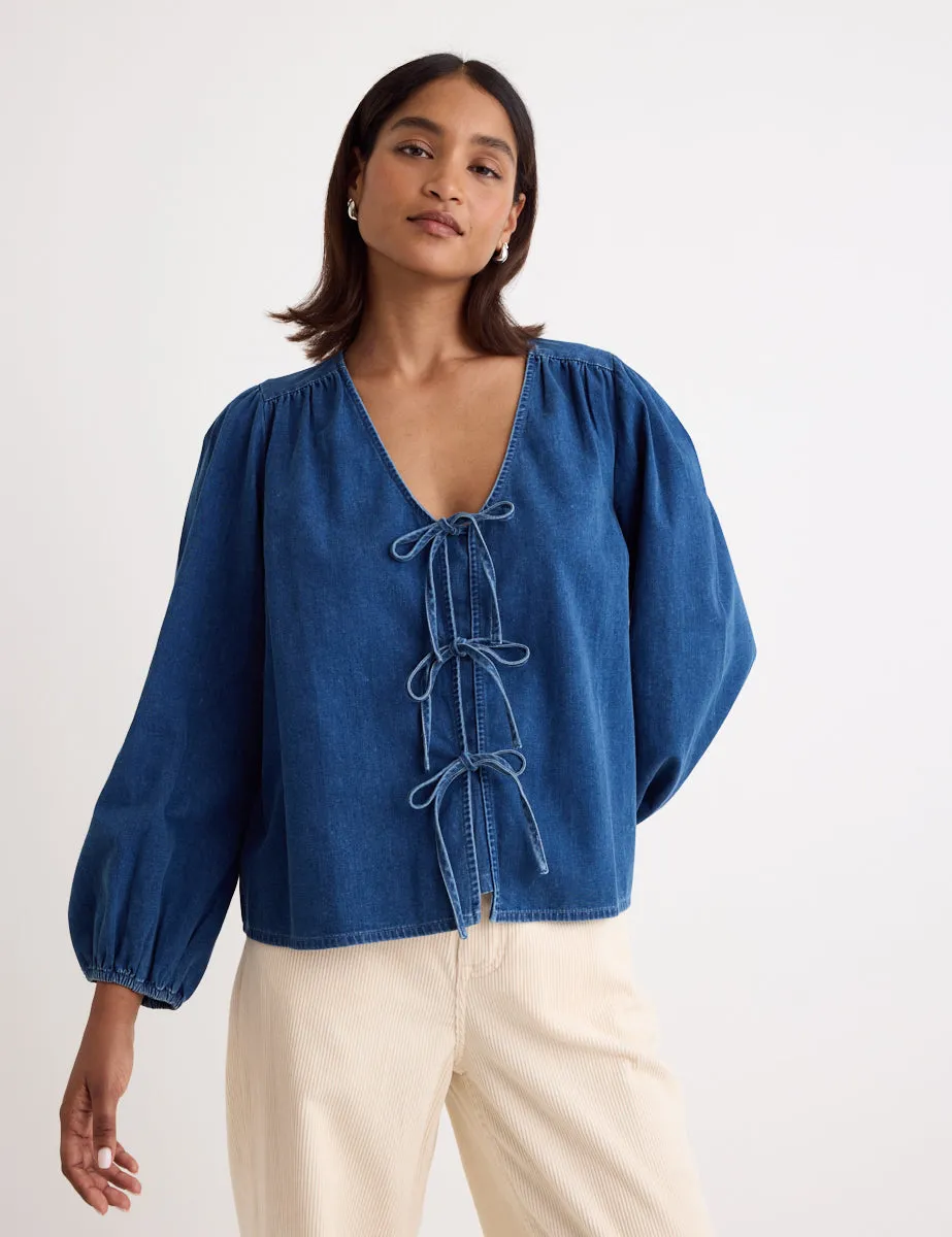 Denim Tie Front Bernadetta Blouse sold by Nobody's Child