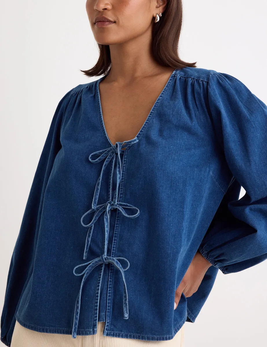Denim Tie Front Bernadetta Blouse sold by Nobody's Child product image thumbnail 2