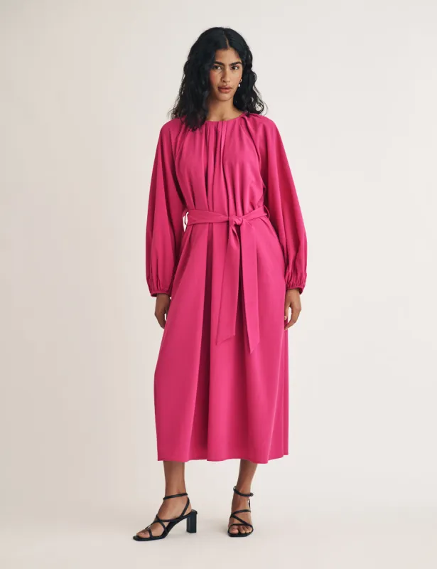 Pink Gathered Tie Waist Mayall Midi Dress sold by Nobody's Child