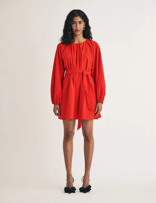 Red Gathered Tie Waist Mayall Mini Dress sold by Nobody's Child
