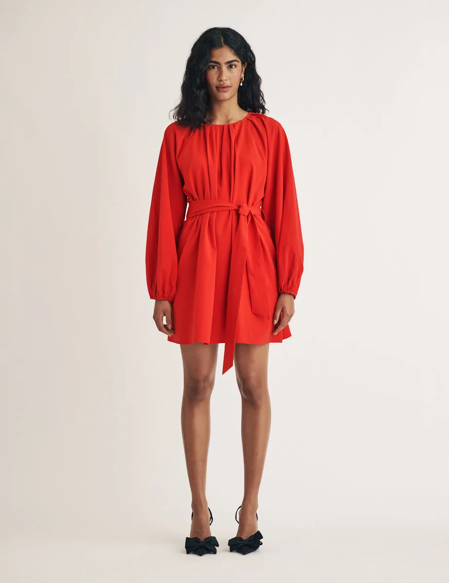 Red Gathered Tie Waist Mayall Mini Dress sold by Nobody's Child
