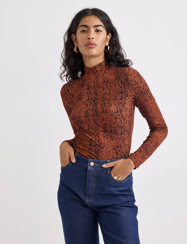 Brown Snake Print Funnel Neck Long Sleeve Top sold by Nobody's Child