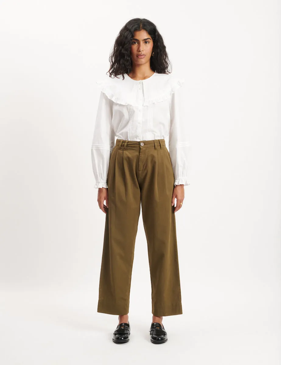 Olive Green Pleated Cropped Ava Trousers sold by Nobody's Child