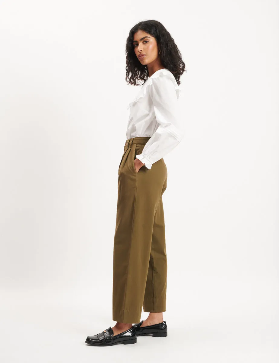 Olive Green Pleated Cropped Ava Trousers sold by Nobody's Child product image thumbnail 4