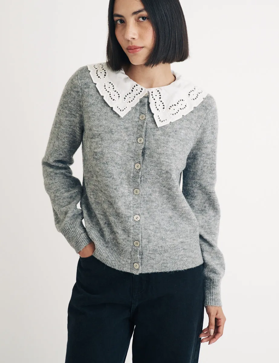 Grey Broderie Anglaise Collar Cardigan sold by Nobody's Child