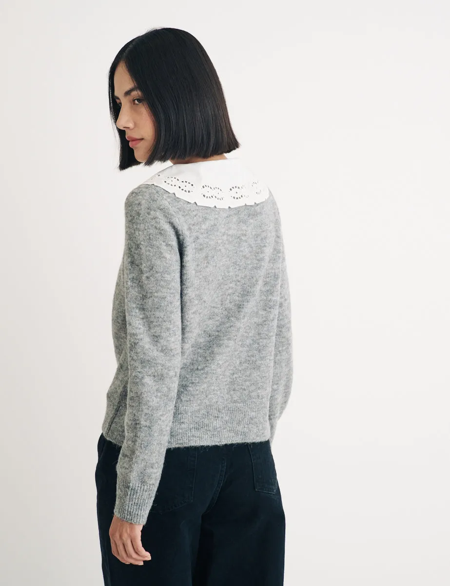 Grey Broderie Anglaise Collar Cardigan sold by Nobody's Child product image thumbnail 4