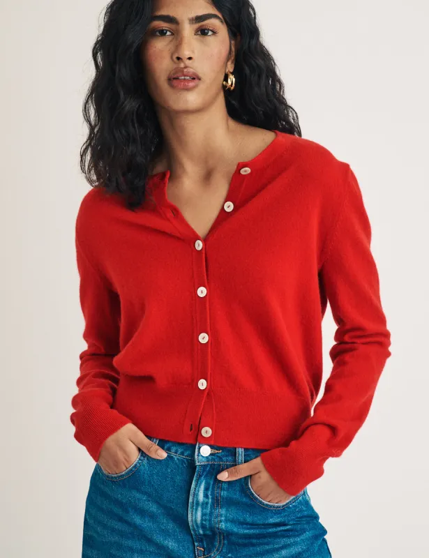 Red Cashmere Crew Neck Cardigan sold by Nobody's Child