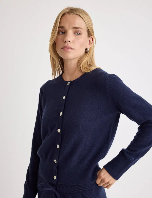 Navy Cashmere Crew Neck Cardigan sold by Nobody's Child