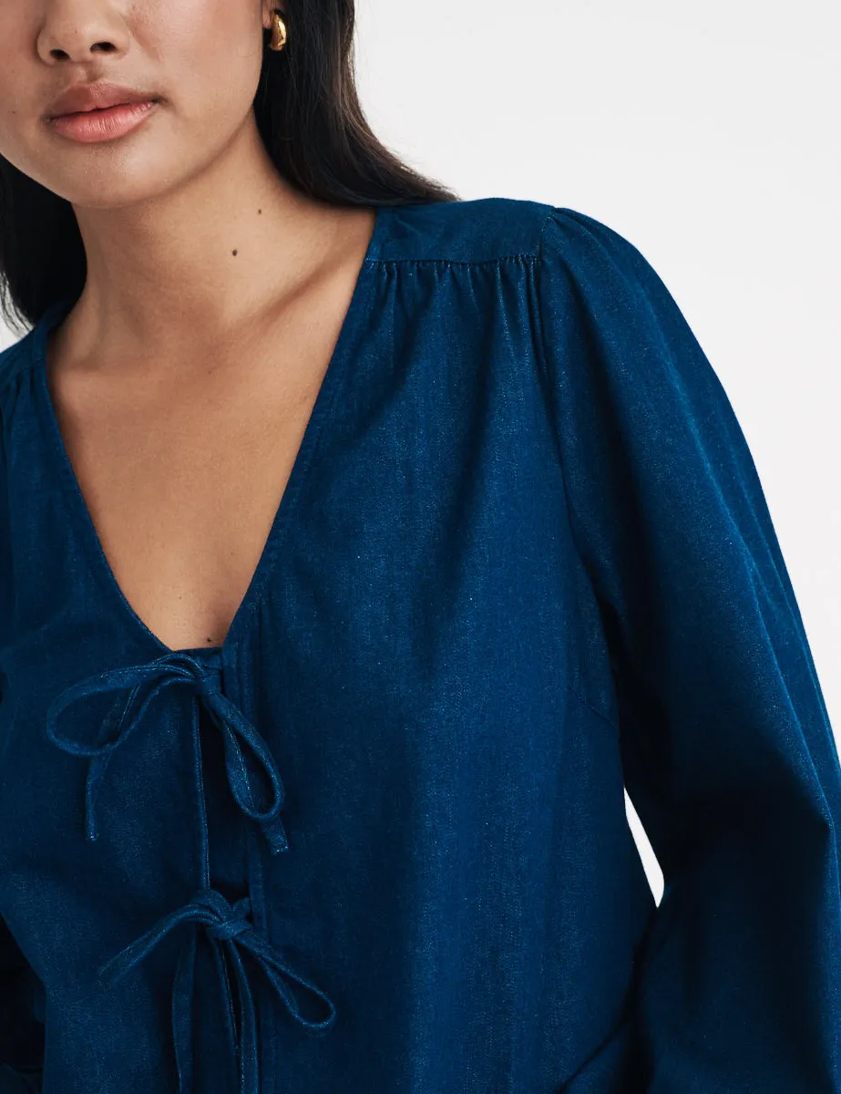 Dark Denim Tie Front Bernadetta Blouse sold by Nobody's Child product image thumbnail 2