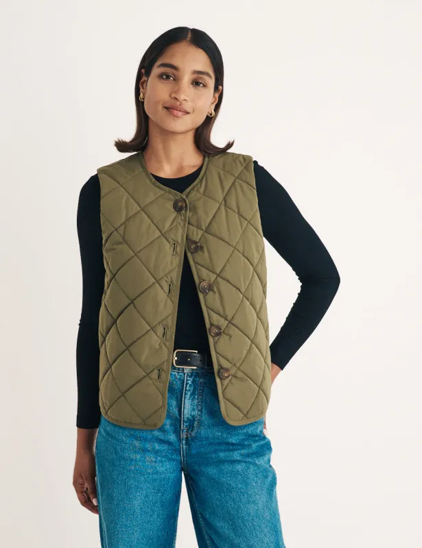 Khaki Quilted Puffer Gilet sold by Nobody's Child