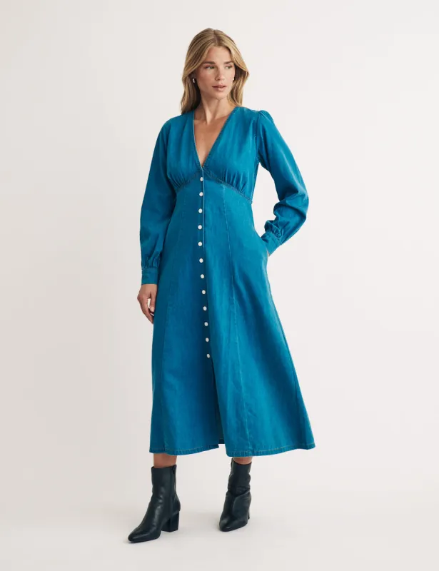 Mid Wash Denim Shannon Midi Dress sold by Nobody's Child