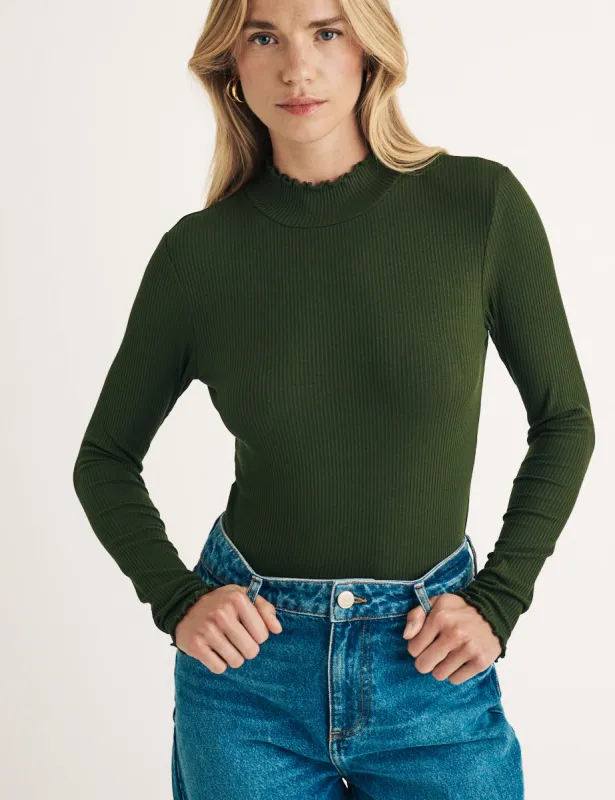 Green Ribbed Frill Funnel Neck Top sold by Nobody's Child