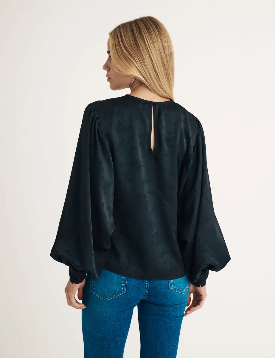 Black Satin Floral Jaquard Balloon Sleeve Top sold by Nobody's Child product image thumbnail 4