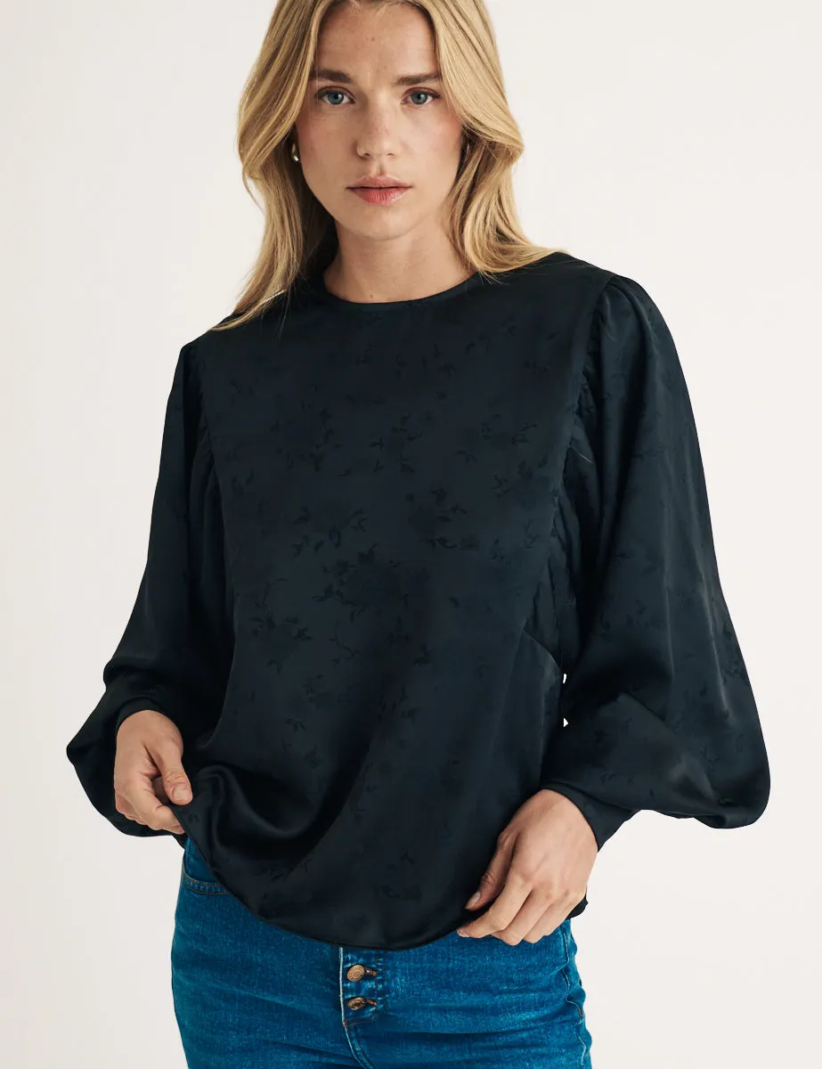 Black Satin Floral Jaquard Balloon Sleeve Top sold by Nobody's Child