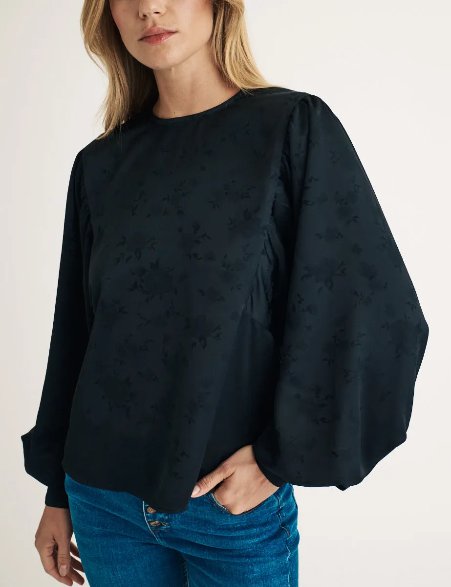 Black Satin Floral Jaquard Balloon Sleeve Top sold by Nobody's Child product image thumbnail 3