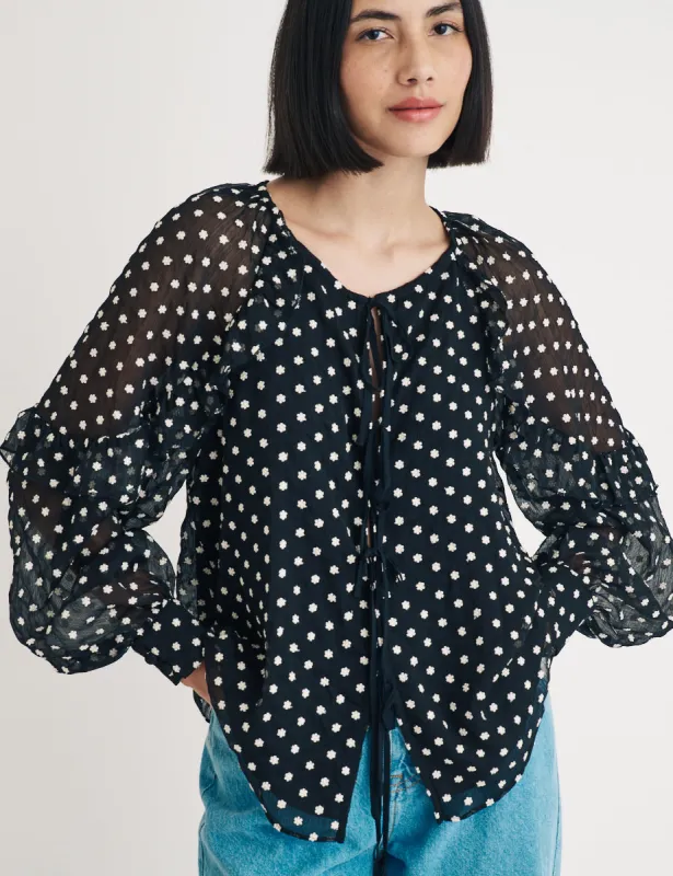 Black Floral Embroidered Balloon Sleeve Blouse sold by Nobody's Child