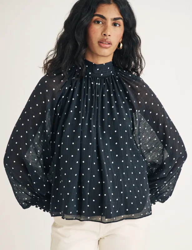 Black Polka Dot Print Balloon Sleeve Blouse sold by Nobody's Child