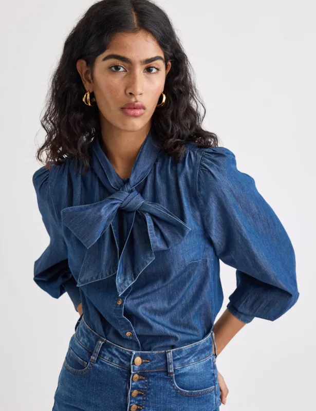 Denim Tie Neck Blouse sold by Nobody's Child