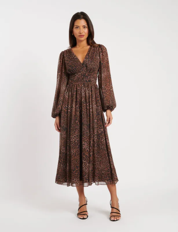 Leopard Print Chiffon Anya Midi Dress sold by Nobody's Child