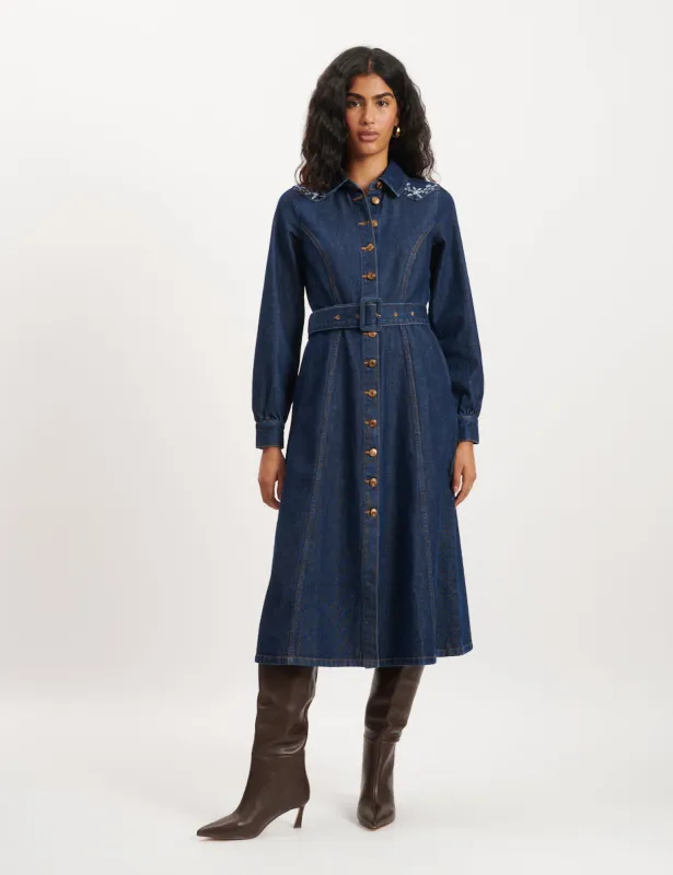 Dark Denim Floral Embroidered Paso Midi Dress sold by Nobody's Child