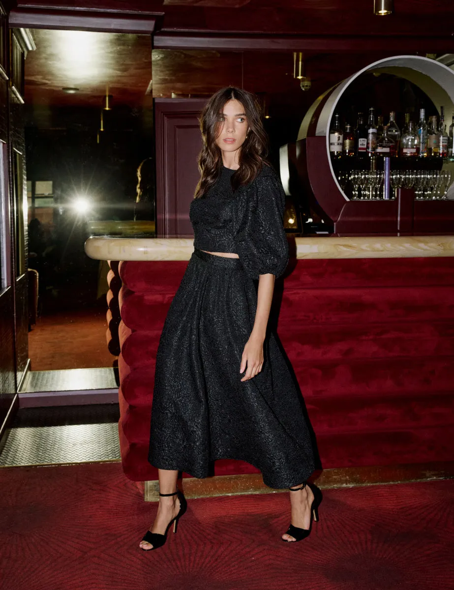 Black Floral Jaquard Puff Sleeve Top sold by Nobody's Child