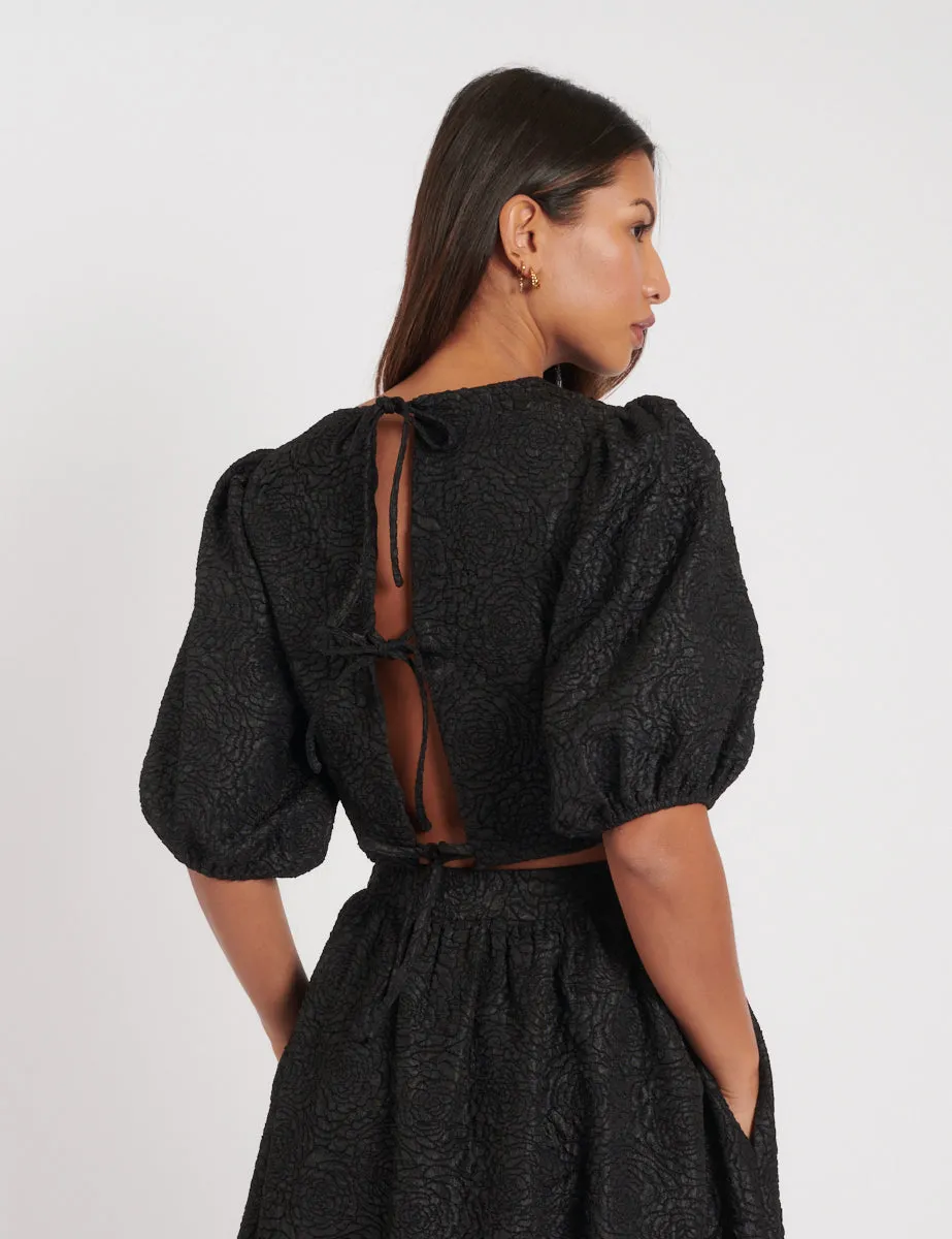 Black Floral Jaquard Puff Sleeve Top sold by Nobody's Child product image thumbnail 5