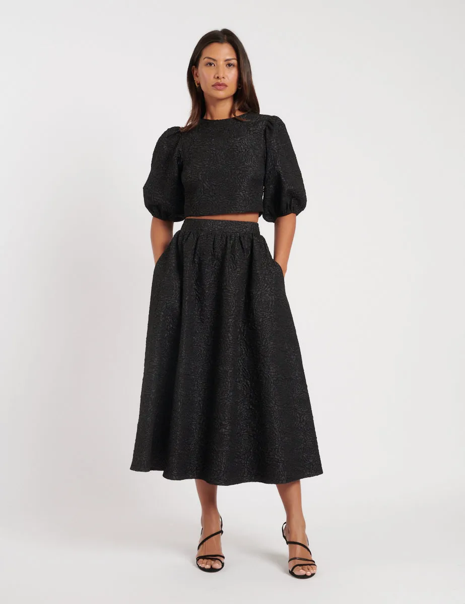 Black Floral Jaquard Puff Sleeve Top sold by Nobody's Child product image thumbnail 3