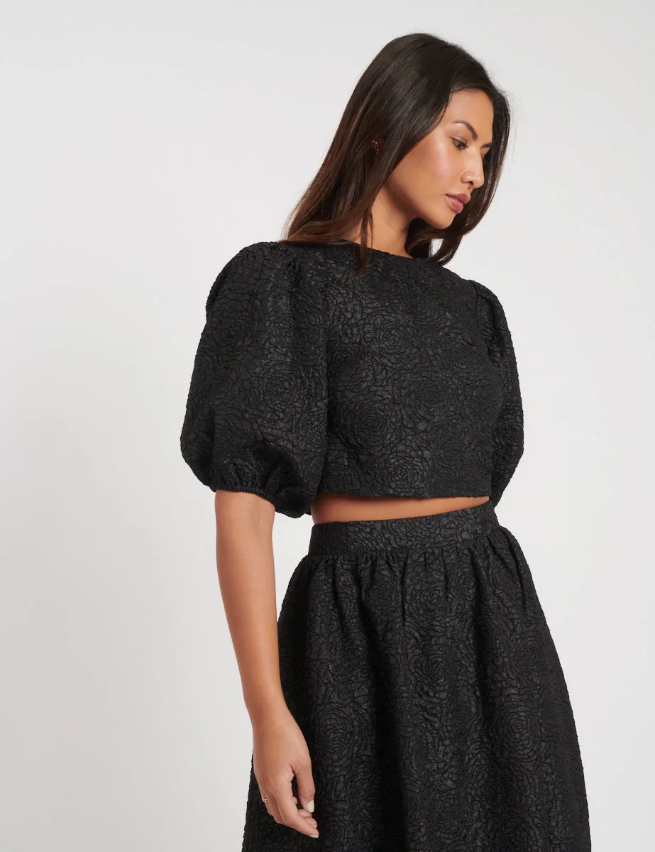 Black Floral Jaquard Puff Sleeve Top sold by Nobody's Child product image thumbnail 4