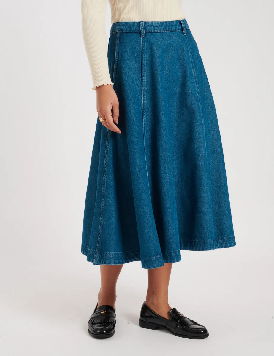 Mid Wash Denim A-line Midi Skirt sold by Nobody's Child