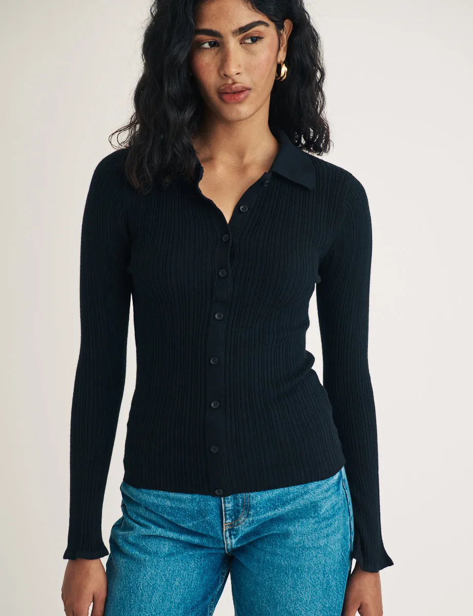 Black Ribbed Wool Blend Cardigan sold by Nobody's Child product image thumbnail 3