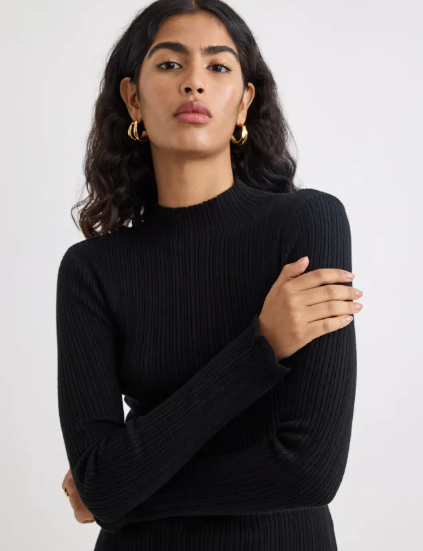 Black Ribbed Wool Blend Funnel Neck Top made by Nobody's Child